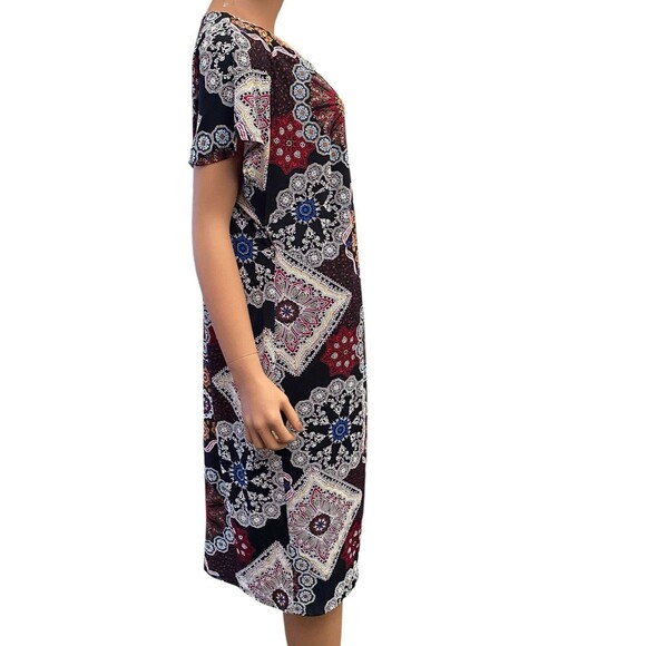 Faux Wrap Dress Boho 2X Medallions Side Tie Swing Textured Wrinkle Resistant - Picture 6 of 14